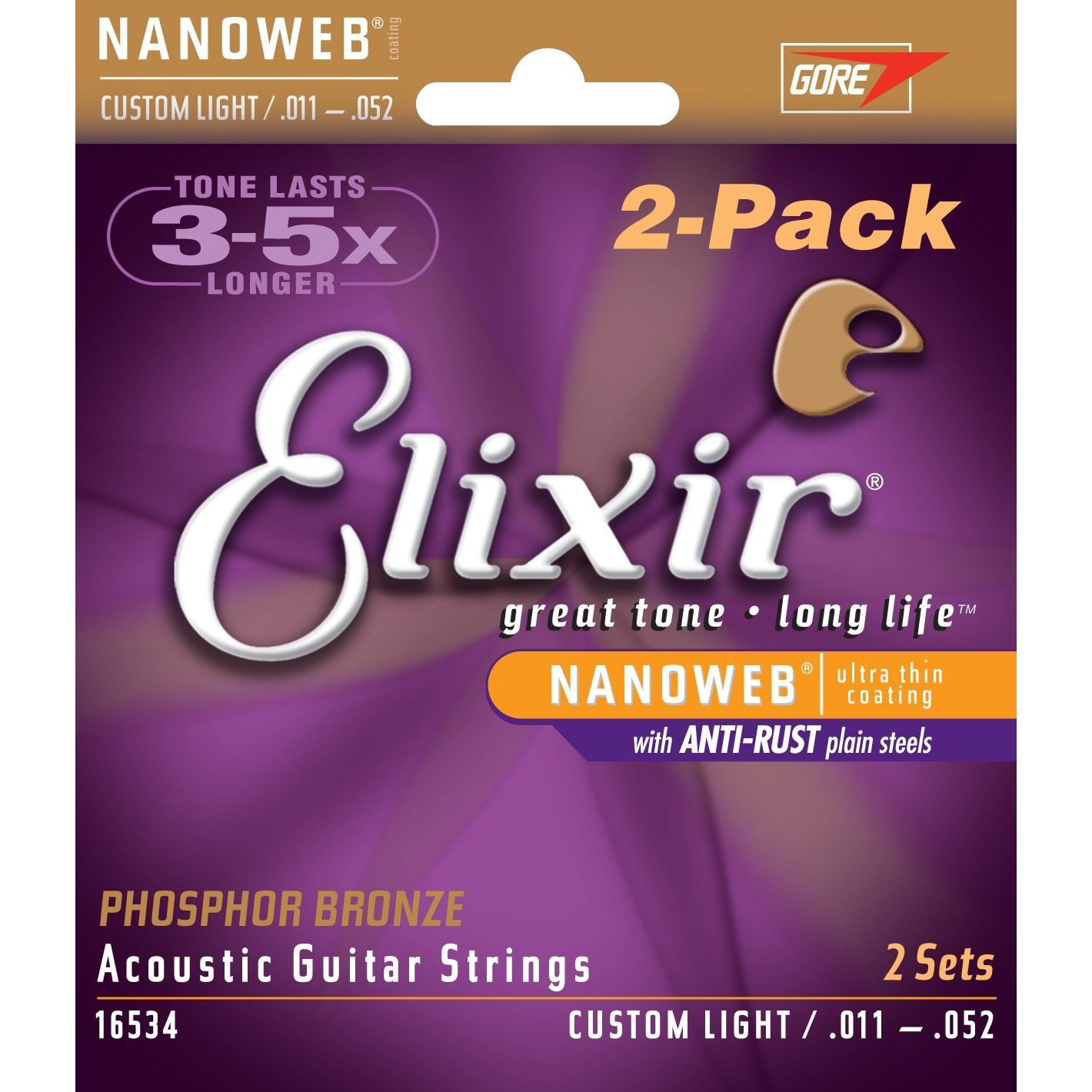 Elixir 16534 Nanoweb Phosphor Bronze 2'li Akustik Gitar Teli (11-52)